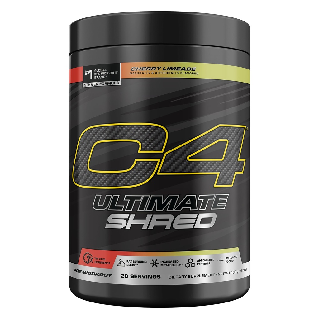 C4型机车 C4型机车 Ultimate Shred Pre Workout Powder,代谢增殖 配有 Cayenne extract+300mg Cafeine+TeaCrine+Dynamine - Cherry Limeade, 20种服务