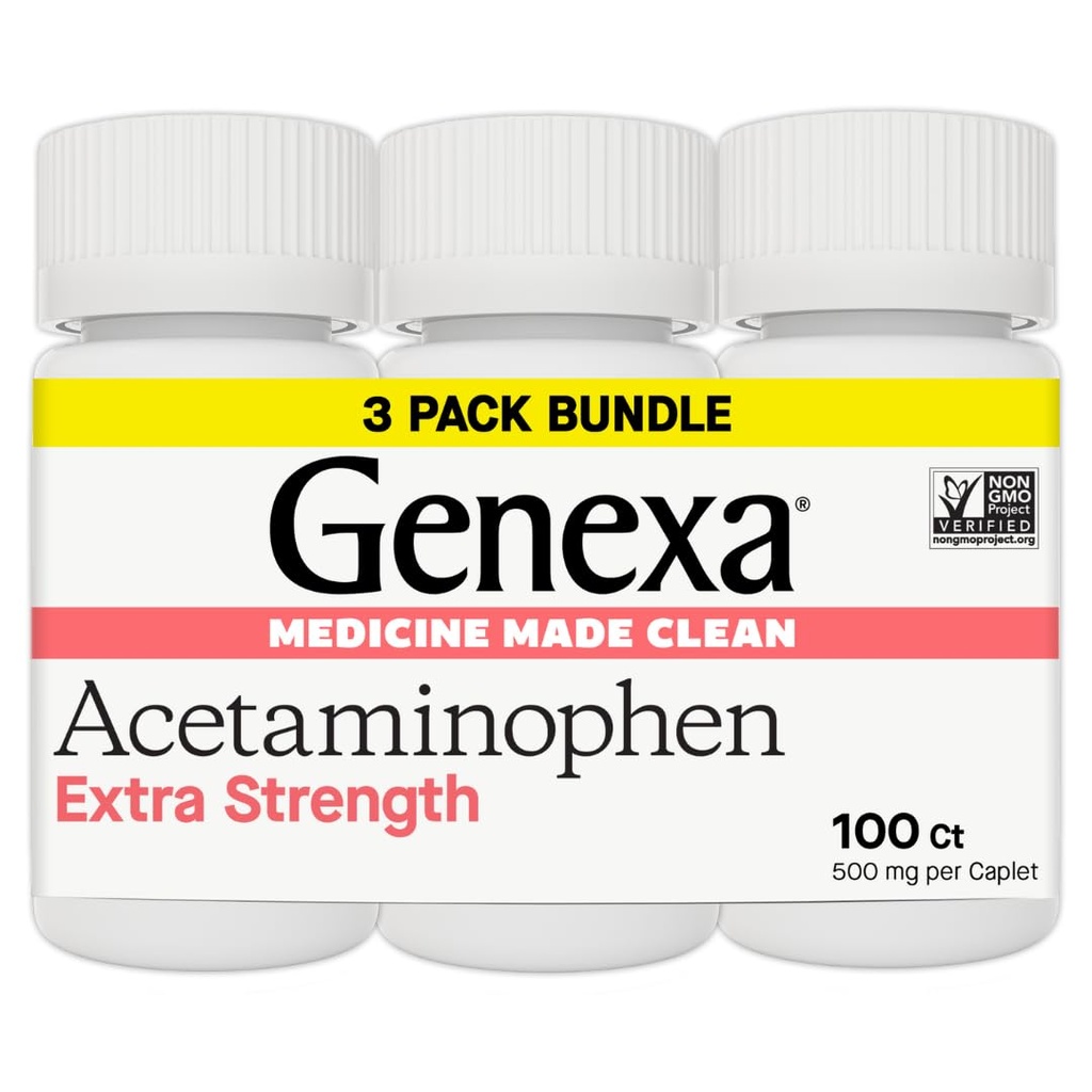 Genexa Clean Acetaminophen 500mg 额外力量,Dye 自由疼痛 解热器,0% 人工添加剂,成人疼痛药,解热头痛,背痛,小关节炎疼痛,300片