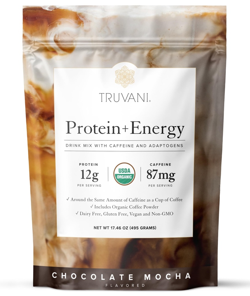 特鲁瓦尼蛋白 + 能量饮料 混合 87mg咖啡因 → 巧克力 Mocha → 12g 有机植物基蛋白 → 20 services → USDA 有机咖啡粉和适配体 → Gluten & Dairy Free → Vegan