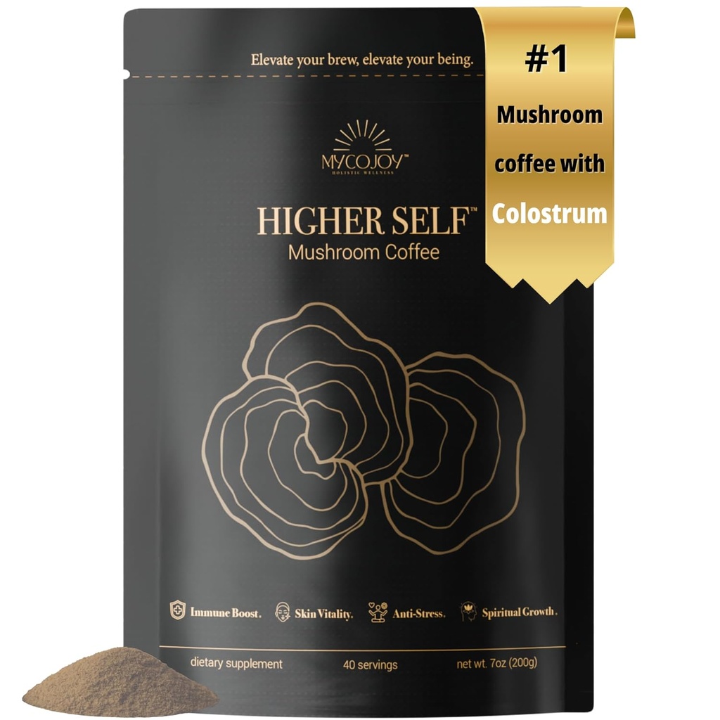 HighER SELFTM 咖啡 Ultimate Focus & Immune Support 以40%的IgG Colostrum,有机阿拉伯语,狮子马内语,Reishi,Chaga,L-Theanine和Frankincense 用于免疫支持,Focus, Energy, Mood和Gut Health 7oz. 40次服务