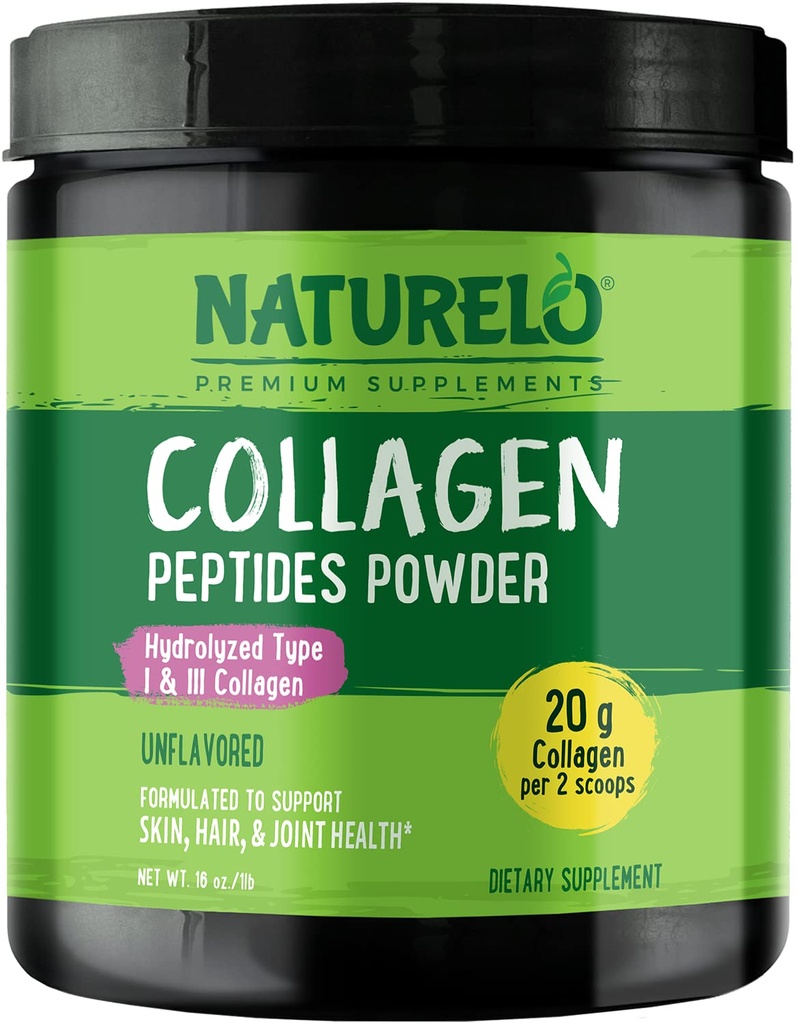 NATURELO Collagen Peptide Powder,水解Collagen I & III型,皮肤毛发和联合健康 -- -- 不受欢迎,16 Ounces | 45
