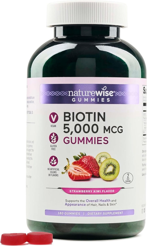 NatureWise Biotin Gummys - 支持健康头发,皮肤和坚固的钉子 - 维生素B7 5000mcg - 自然美人 - 草莓-基维 Flavor - Vegan, Non-GMO, Gluten Free - 180 Count [90日供应]