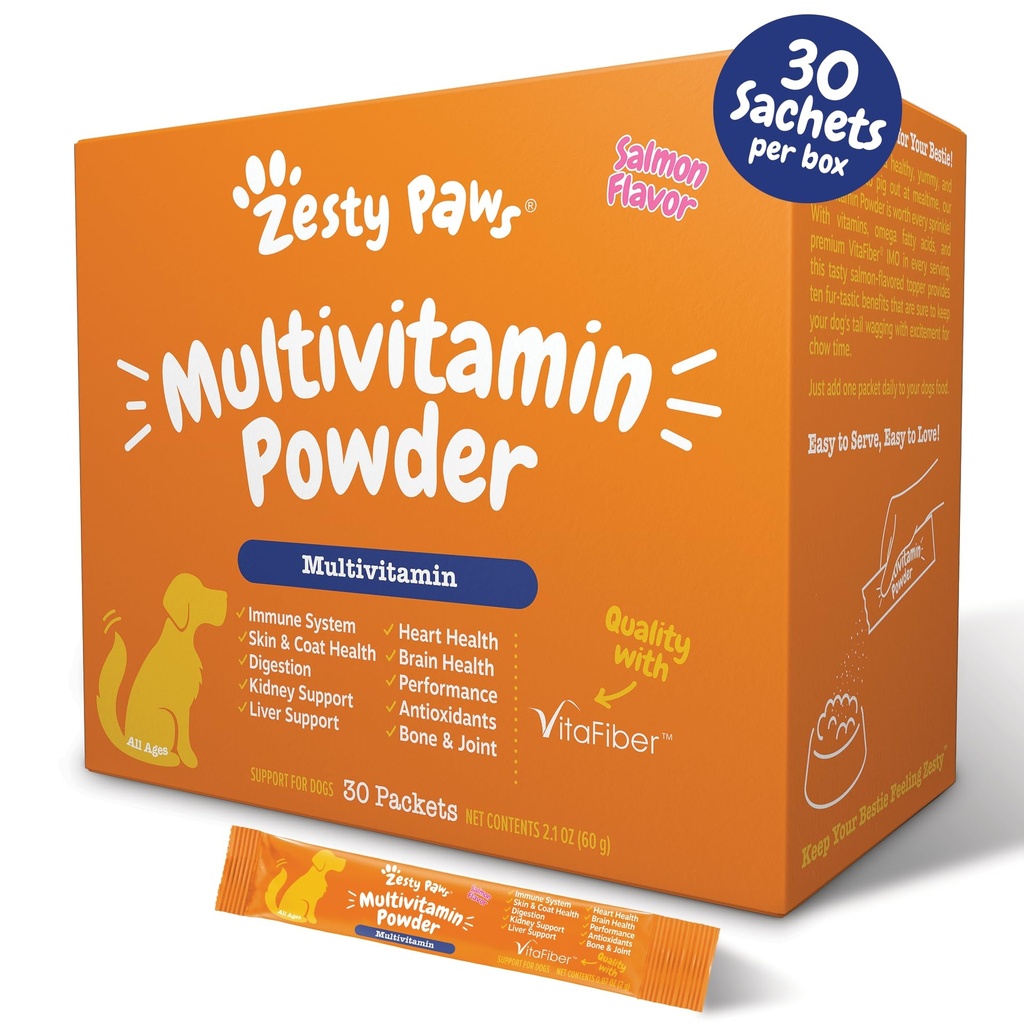 Zesty Paws 10in-1 Dog 多维特敏 - Gut, Immune, Joint, Skin & Coat Support, and More - 狗维生素和补充粉 - 与Omega鱼油和Vitafiber的宠物补充素 - 沙门 - 30 Ct