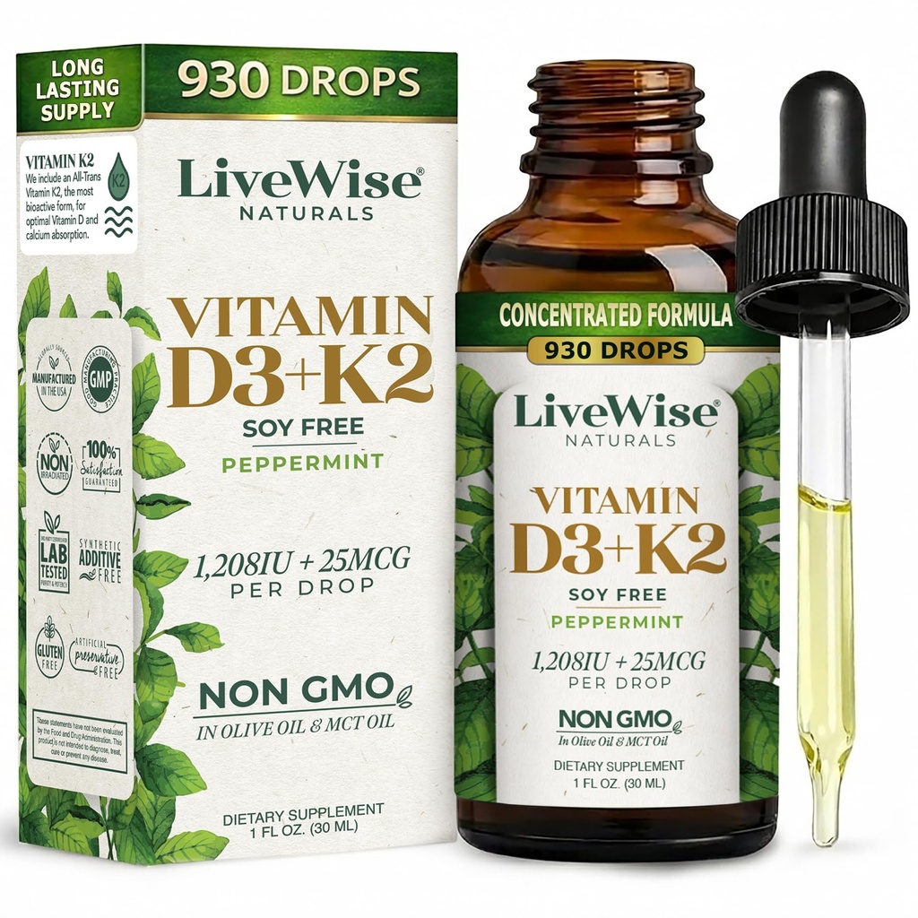 LiveWise Naturals Vitamin D3配有K2液滴,全天然,非GMO,美国制造,1208 IU Vitamin D3 & 25 mcg K2,支持骨质健康和能量水平,注入辣椒薄荷,橄榄和MCT Oil.