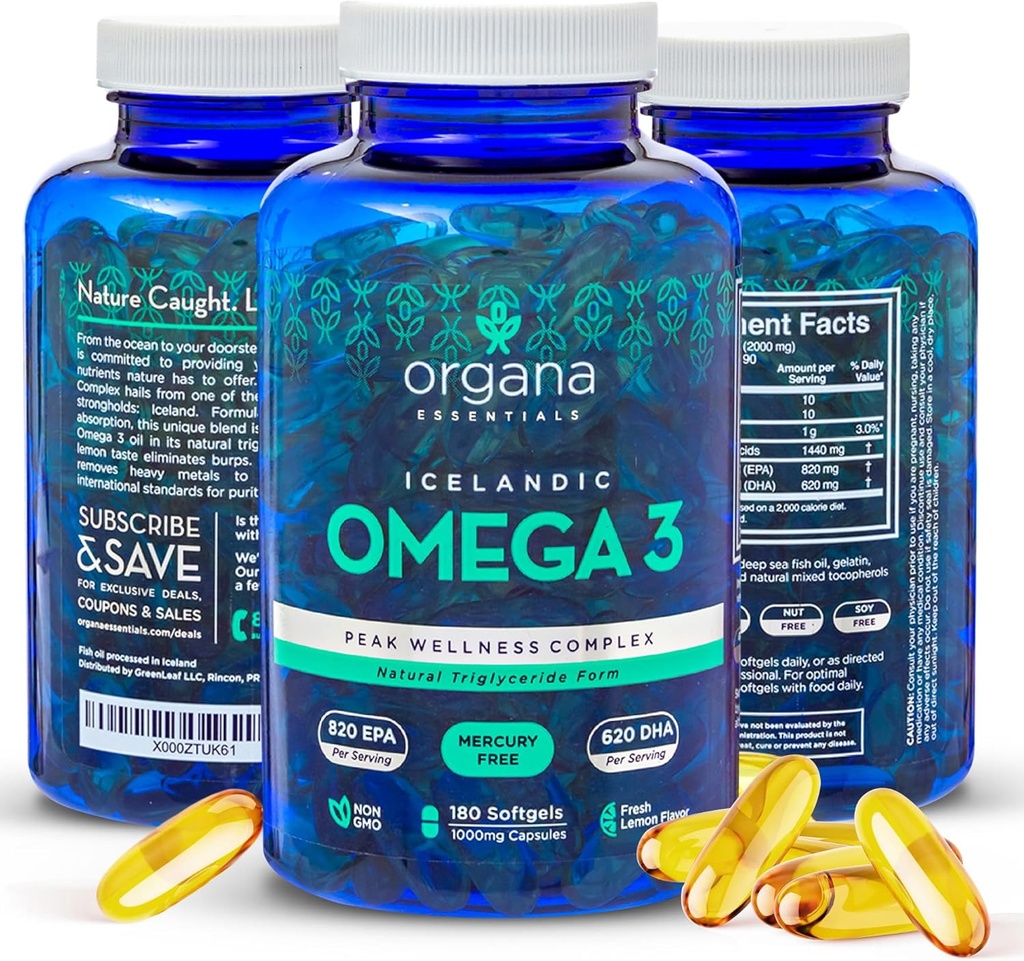 Omega 3 鱼油 2000 mg - 高环保局 820 mg + DHA 620 mg - 180 三重强度 Burpless Lemon Flawared Softgels