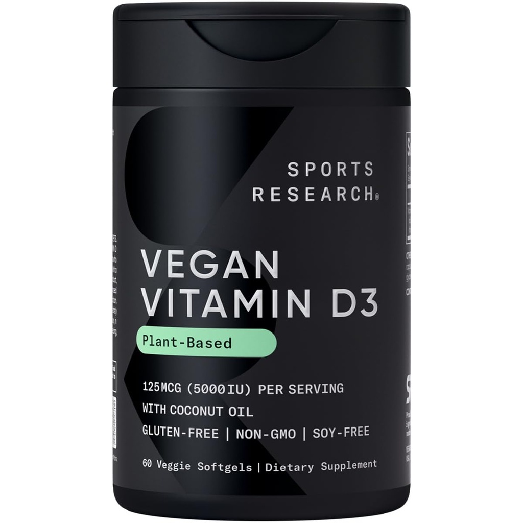 体育研究 Vegan Vitamin D3 5000IU(125 mcg)与椰油公司100%的植物维生素D用于骨骼,联合和免疫支持 QQ Carrageenan Free, Vagen认证与非GMO验证(60 Softgels)
