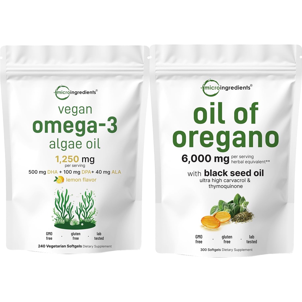 Oregano Softgels 300 Count & Vegan Omega 3 藻类石油补充剂 Bundle 2 Pack QQ Carvacrol & Thymoquinone |全谱 Omega-3 替代品
