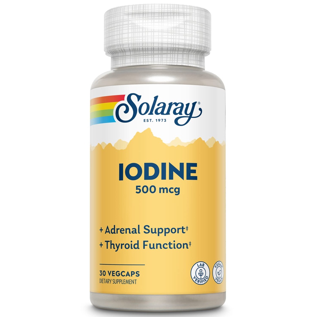 Solaray Iodine 500 mcg, 健康肾上腺素和甲状腺素支持的碘补充剂, 能量,代谢,以及Focus, 碘钾, Vegan, 60-Day Money-Back保证, 30 services, 30 Veg Caps