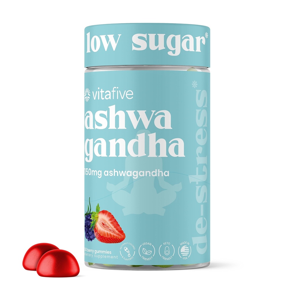 Vitafive Ashwagandha Gummys配有维生素B12,Ashwagandha Gummys配有男用和女用,Vegan,Gluten Free(50Ct)