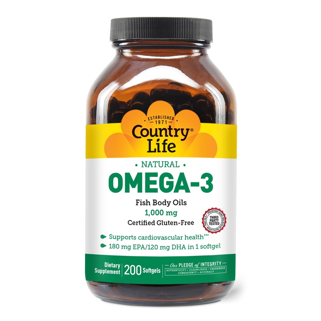 国家生活Omega-3鱼油补充品,1000毫克、180毫克环保局和120毫克DHA、鱼油集中、Burpless、200软胶、认证无胶