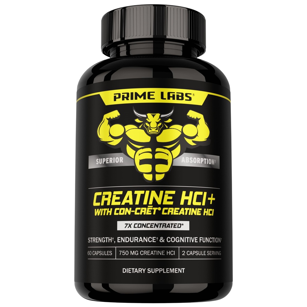 Prime Labs Creatine HCl Capsules - 带有CON-CRĒT®,Rhodiola根提取, & L-Thenine - 肌肉支持,耐力,认知功能 - 适用于男女 - 60枚药丸