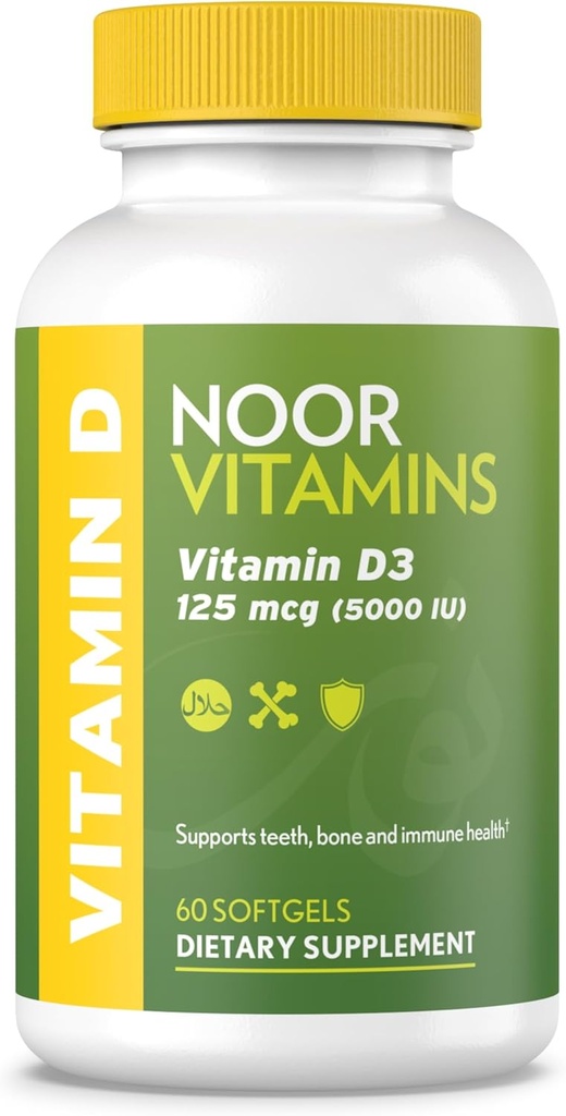 noor Vitamins Halal Vitamin D,Halal Vitamin D3,5000 IU Softgels,支持骨骼,Immune & Heart Health,从莎芙花油到最大化吸收,非GMO,Gluten Free & Halal(60 Counter)...