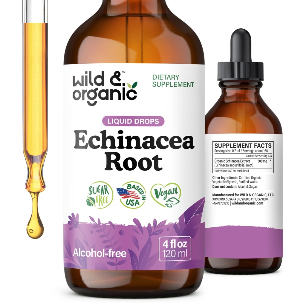 野生和有机Echinacea Drops - Echinacea Angustifolia 的免疫辅助剂 - 液体根提取剂 - Vegan,糖和无酒精 - 4 fl oz