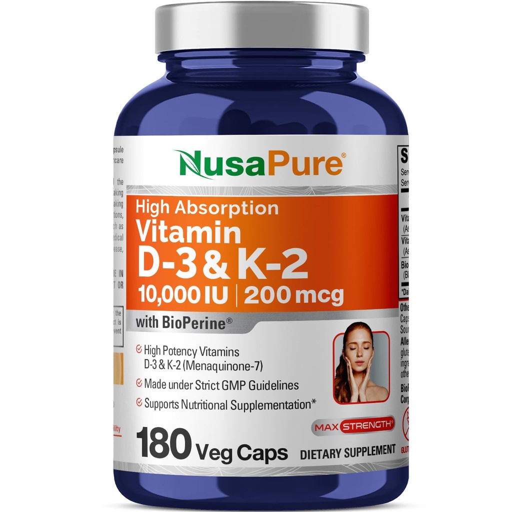 NusaPure维生素K2(MK7)(200mcg) +维生素D3(1000 IU) 180 Veg Caps - Bioperine, Soyfree, Non-GMO