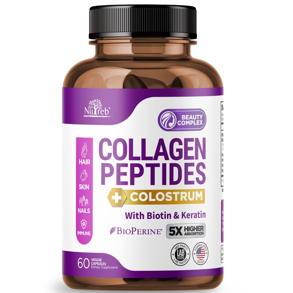 Collagen Peptides for Women with Colostrum, Biotin and Keratin - 类型一,II,III,V,X - 5X 高吸附 - 毛皮和直肠维生素 - Collagen for Women - Collagen Pills - 60 Capsules