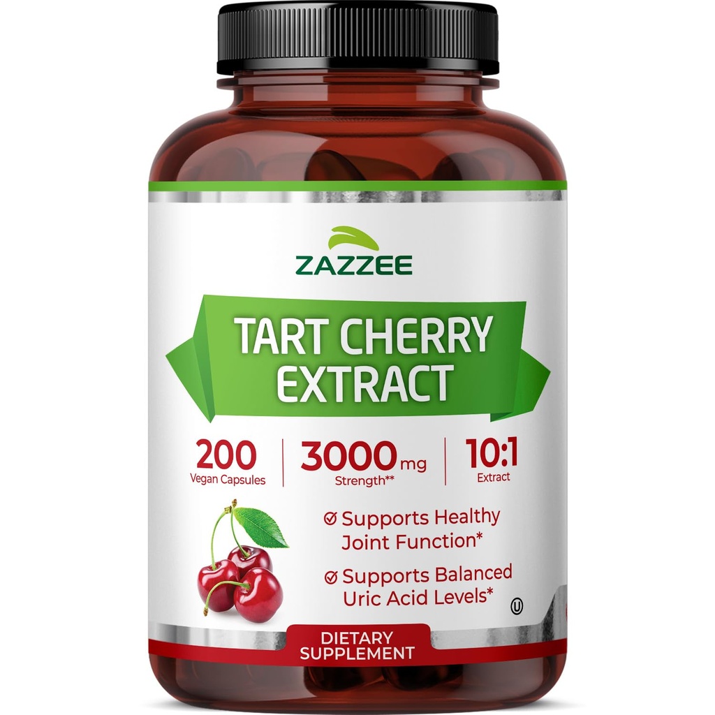 Zazzee Tart Cherry 10:1 提取,3000 mg 强度,200 Vegan Capsules, 6+月供应, 认证 Kosher, 集中化和标准化 10X 提取, 100% 蔬菜, 全自然, Gluten Free, 非GMO