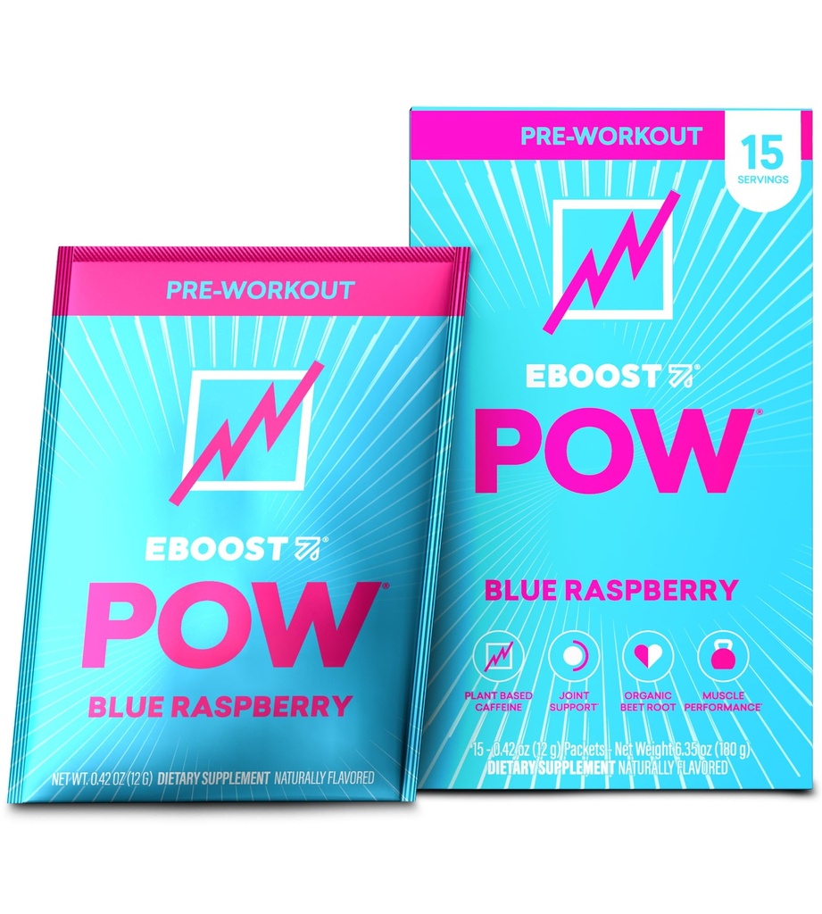 EBOOST POW 天然前置工作粉 - 15个包,蓝莓 - 前置能源助推器 Gym 补充 男女饮品 - 性能,联合流动支持 - 格鲁滕-无