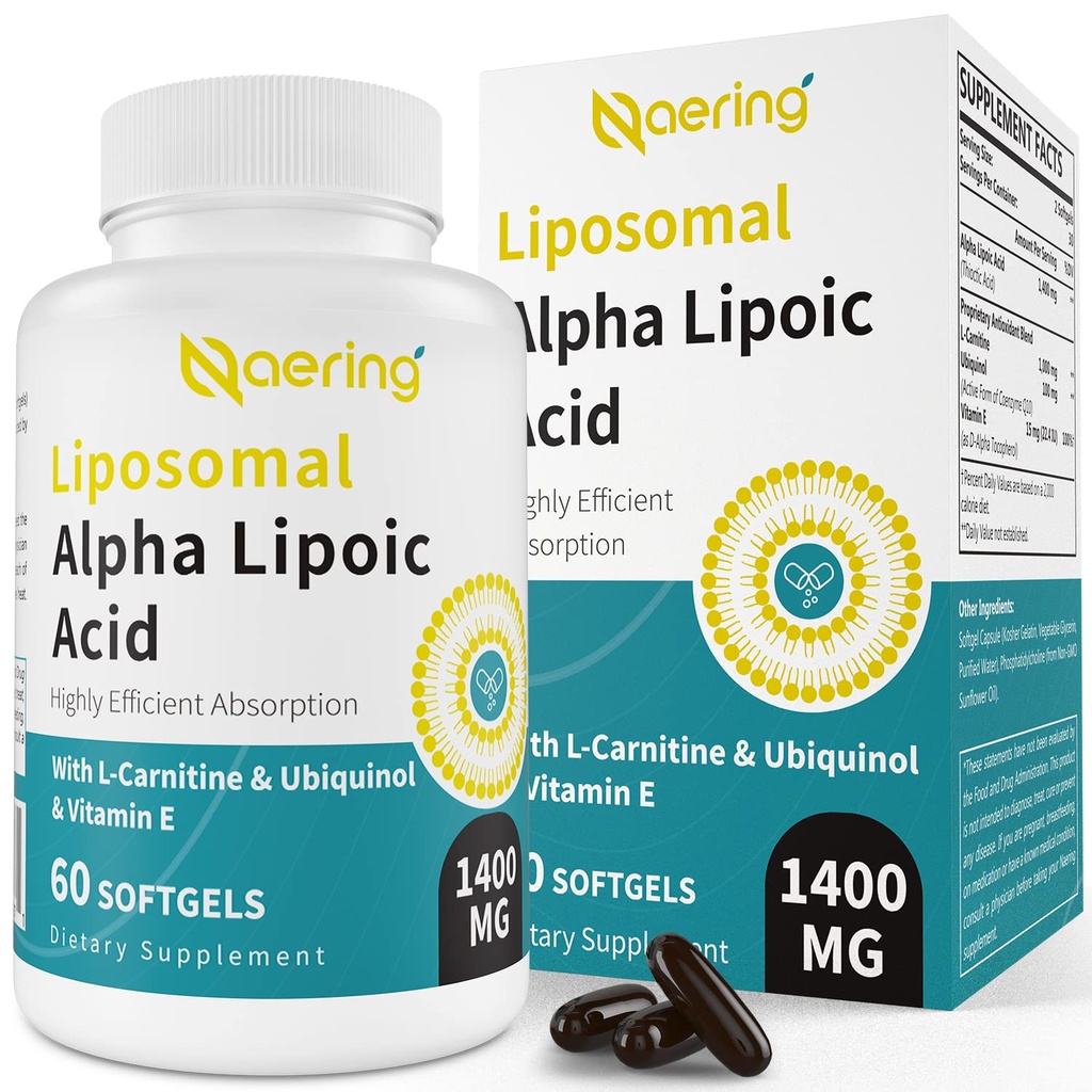 Liposomal Alpha Lipoic Acid 1400mg 软胶,ALA 补充L-Carnitine 1000mg,Ubiquinol(主动CoQ10)100mg和维生素E 10mg,抗氧化剂的Alpha-Lipoic Acid,Nerve,能源60 软胶