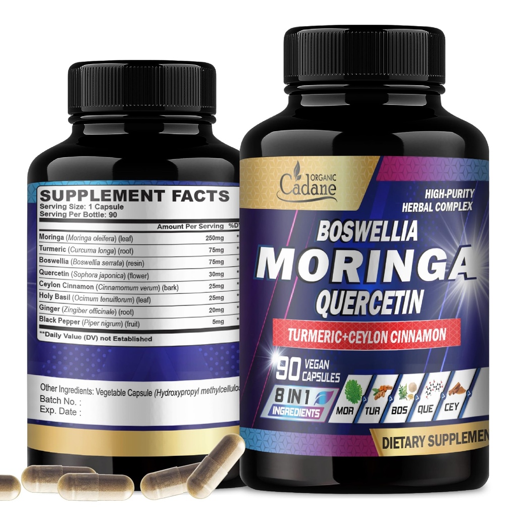 有机Cadane Moringa 叶与Turmeric, Boswellia, Quercetin, 锡兰锡桂, 圣巴西尔, Ginger, 和 Black Pepper - 8in1 补编 - 90 Veggie Capsules 供三月供应