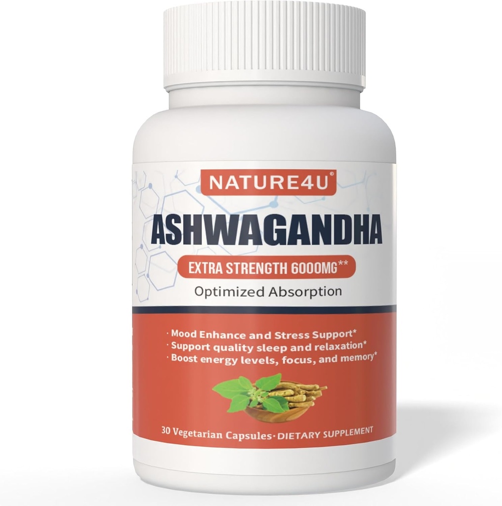 Ashwagandha 6000mg 最大强度,最佳吸收黑辣椒和姜根,天然适应原体 和压力支持,睡眠和能源支持,30 Vegan Capsules 1个月