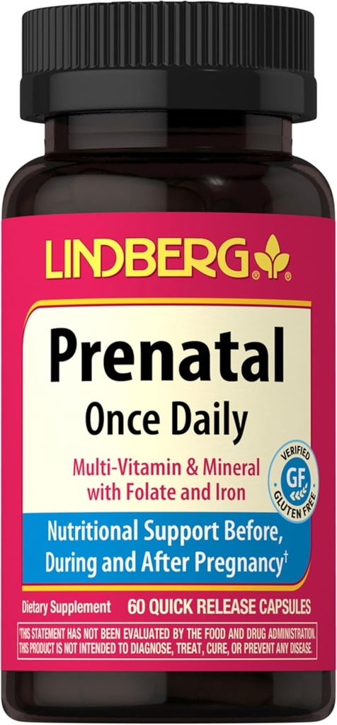 Lindberg 妇女产前维生素 60 Capsules 含铁和叶酸的多种维生素和矿物 每日补编 | Non-GMO, Gluten Free