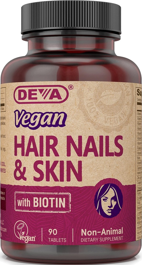 DEVA Vegan 发型、钉子和皮肤维生素和含生物素的矿物,补充品,90片