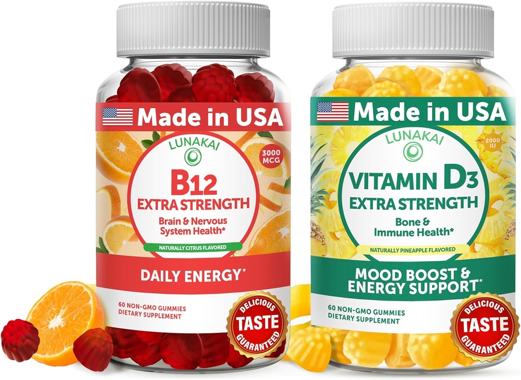 Lunakai 维生素B12和维生素D3 Gummys Bundle - 3000 mcg B12和25 mcg 1000 UI VIT D3 - Gluten Free, no Corn Syrup, Organical, Non-GMO, 植物基的无胶原