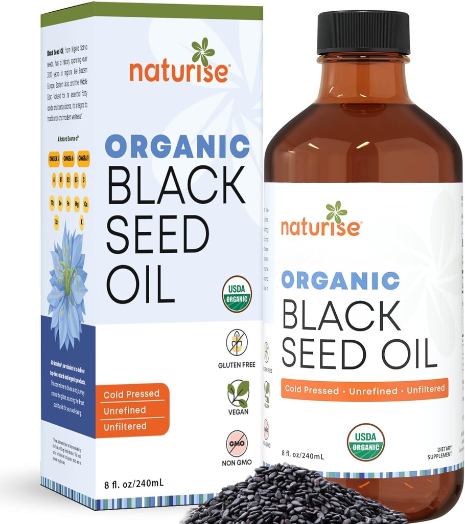 有机黑籽油(Nigella Sativa, Cumin种子) 冷压非GMO, 8 oz 玻璃瓶 基本脂肪酸源, Omega 3 6 9'