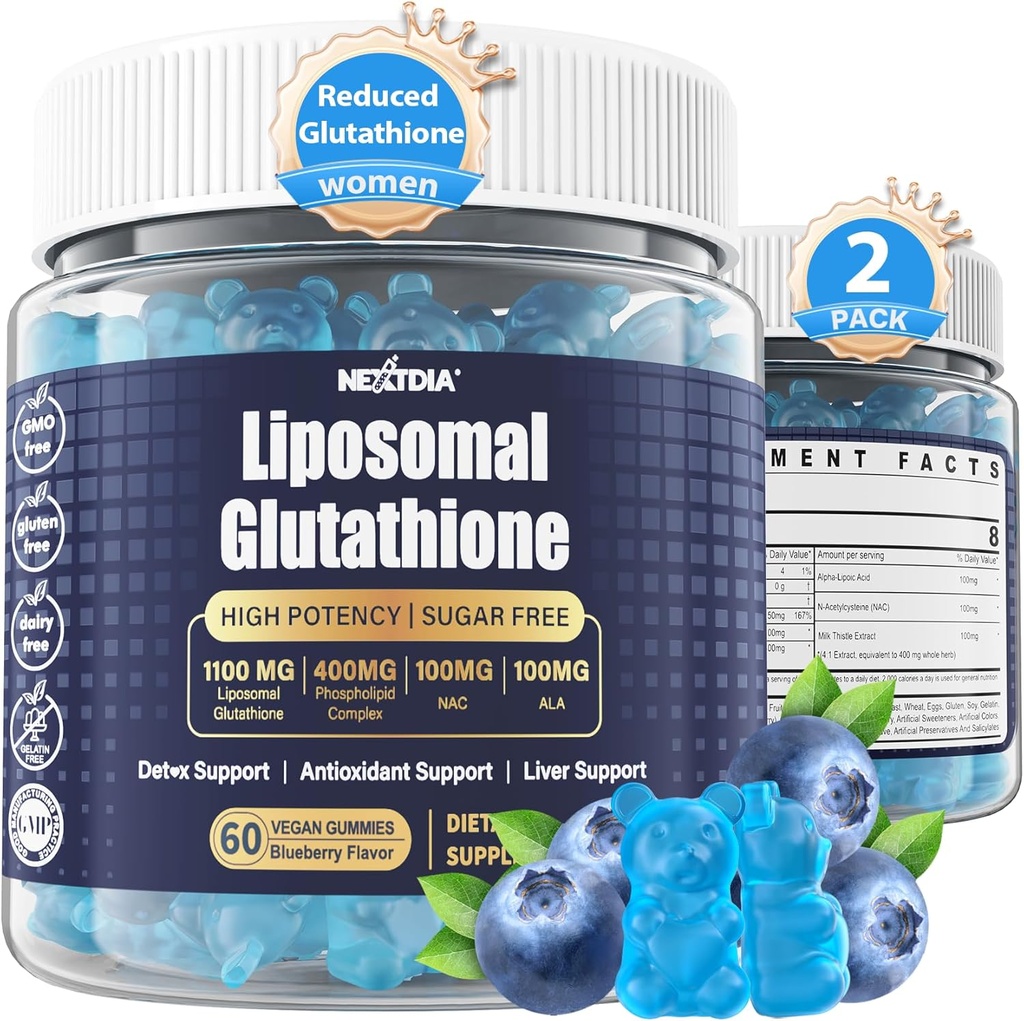Liposomal Glutathione Gummys Chews, 1100mg 集中式 - 98% 生物可用 w/维生素 C, ALA, NAC & 牛奶硝酸盐用于抗氧化剂 - 肝脏清洁除毒补充剂, Vegan, 120 cm