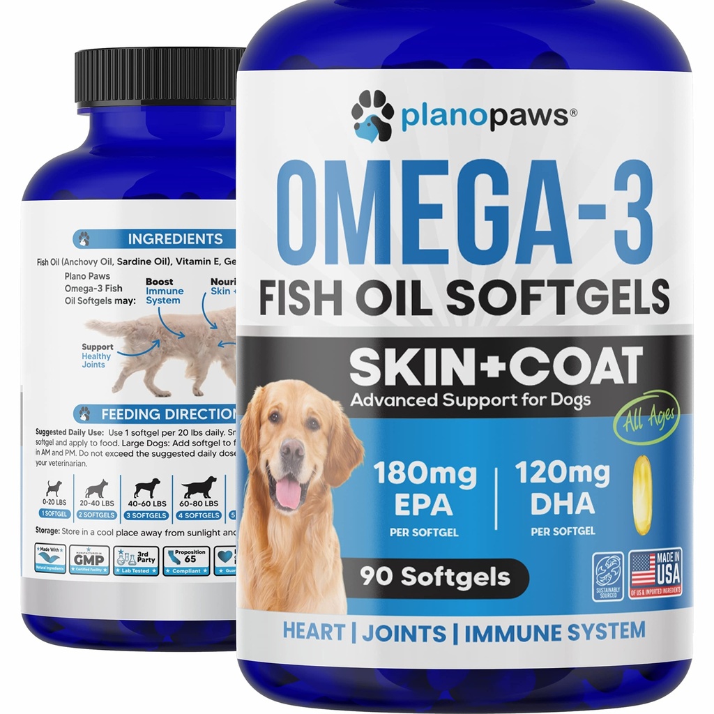 Omega 3 Fish Oil for Dogs - Salmon Oil for Dogs - 狗鱼油补充剂 可能帮助 Shedding,过敏,Itch Relief - 支持干皮,Jus - 狗皮和煤补充剂 - 90 Fish Oil Pills EPA DHA