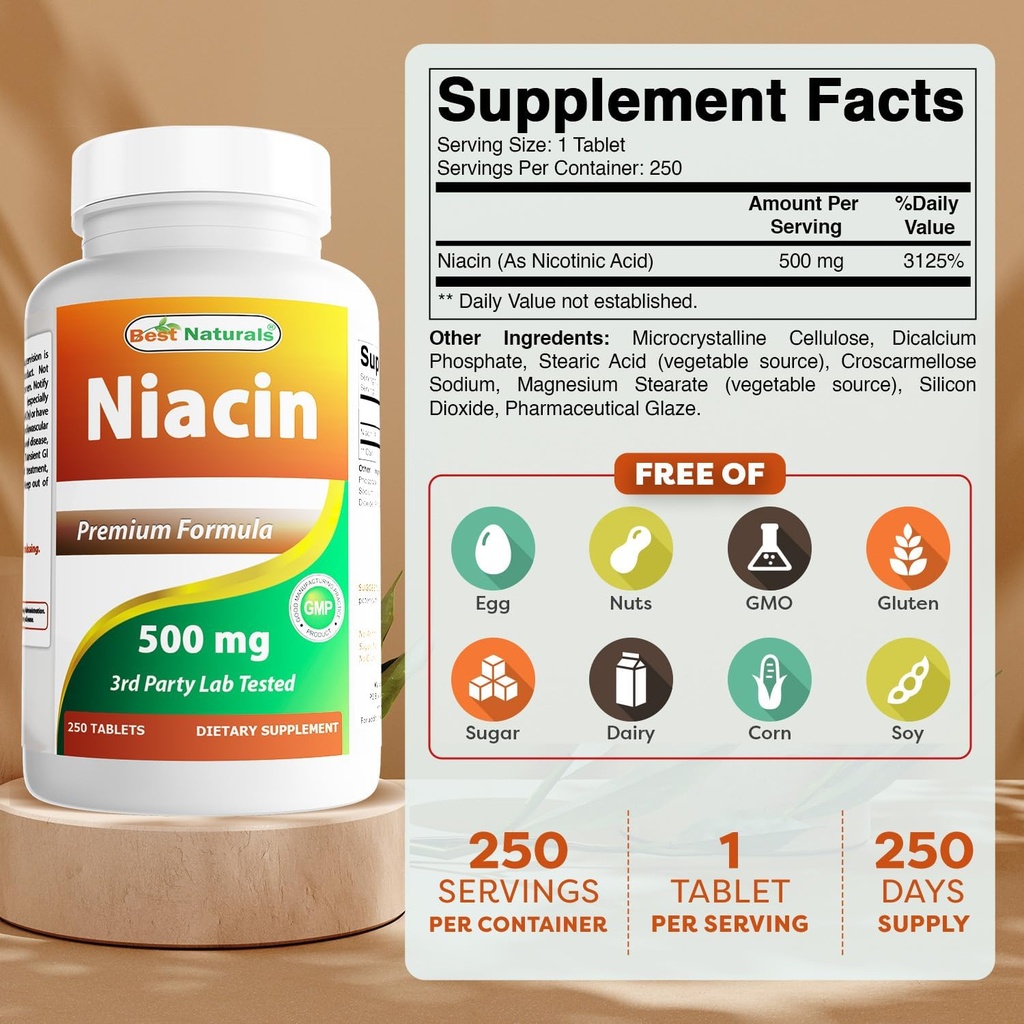 最佳自然品 Niacin 500 mg 250 石板 与 Flushing - 也称为维生素B3(250 count (Pack of 2))