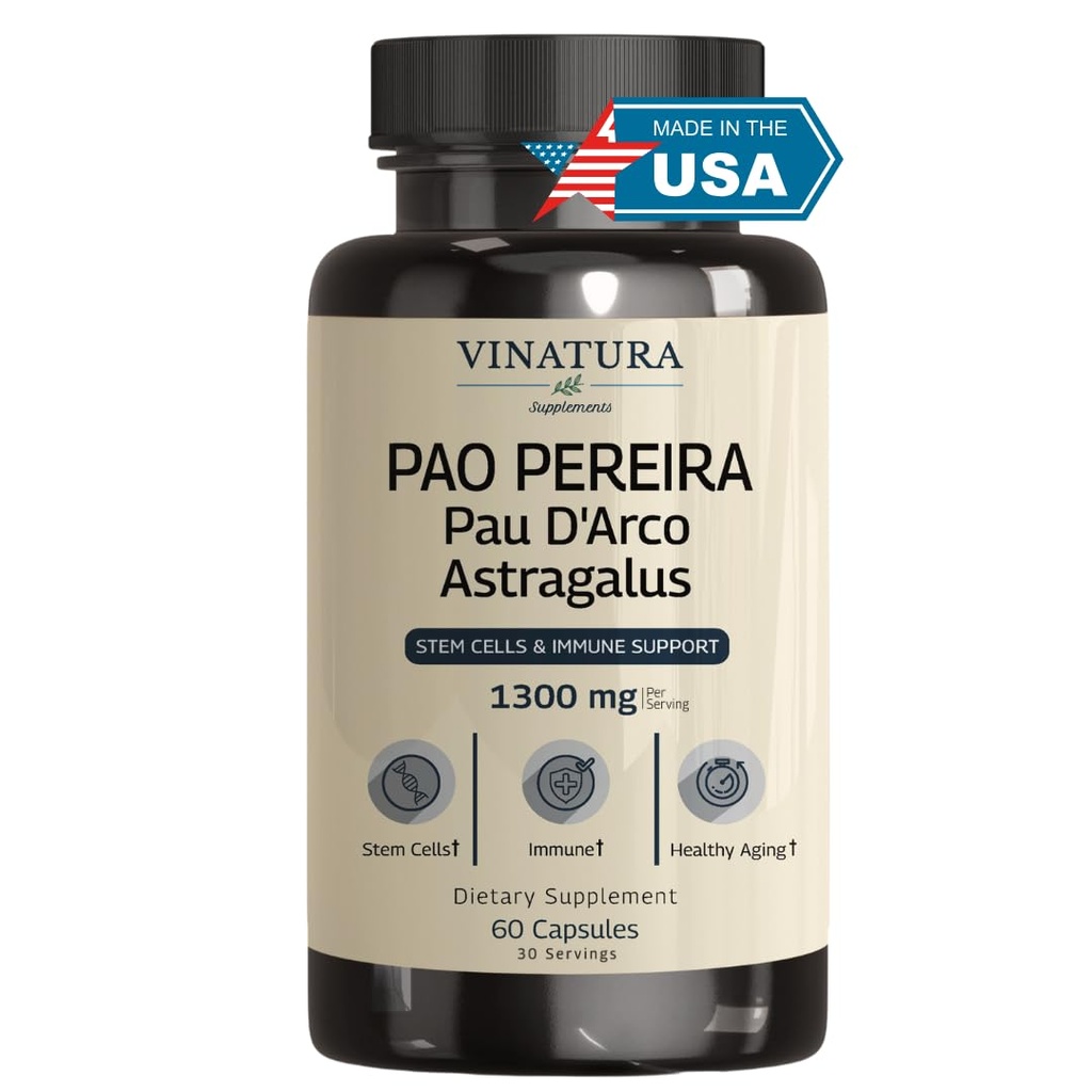 VINATURA Pao Pereira + PAU D'Arco, Astragalus - 1300MG Service, USA Made & Tested, Stem Cells and Immune Support, 60 Capsules (英语).