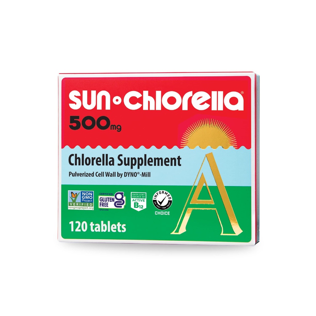 Sun Chlorella 500mg 全身健康 绿色藻类超食品补充剂 - 免疫防御,Gut健康,自然净化,能量靴 - 氯phy,B12,铁,蛋白质 - 非GMO - 120片