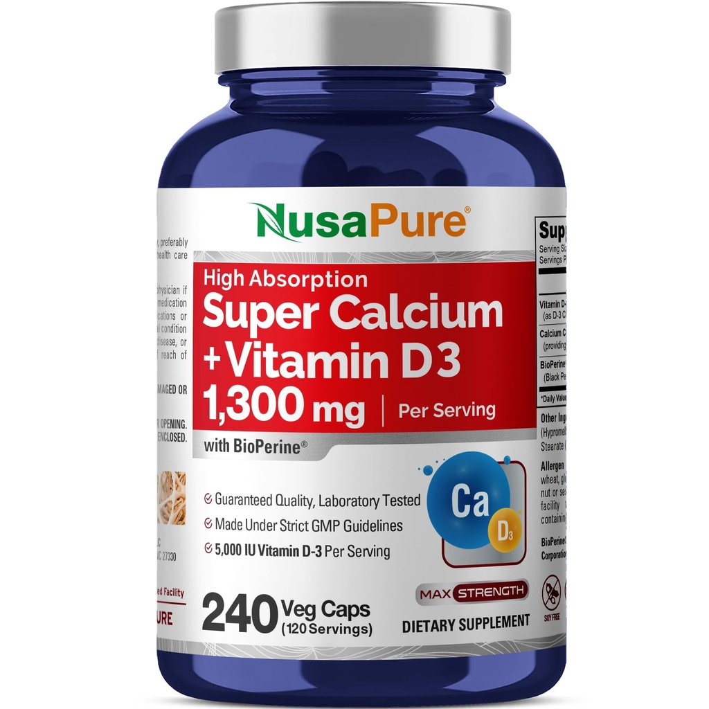 NusaPure 超级钙 1300mg,维生素D3-240 Veggie Caps(非GMO,无豆类,Bioperine)