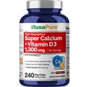NusaPure 超级钙 1300mg,维生素D3-240 Veggie Caps(非GMO,无豆类,Bioperine)