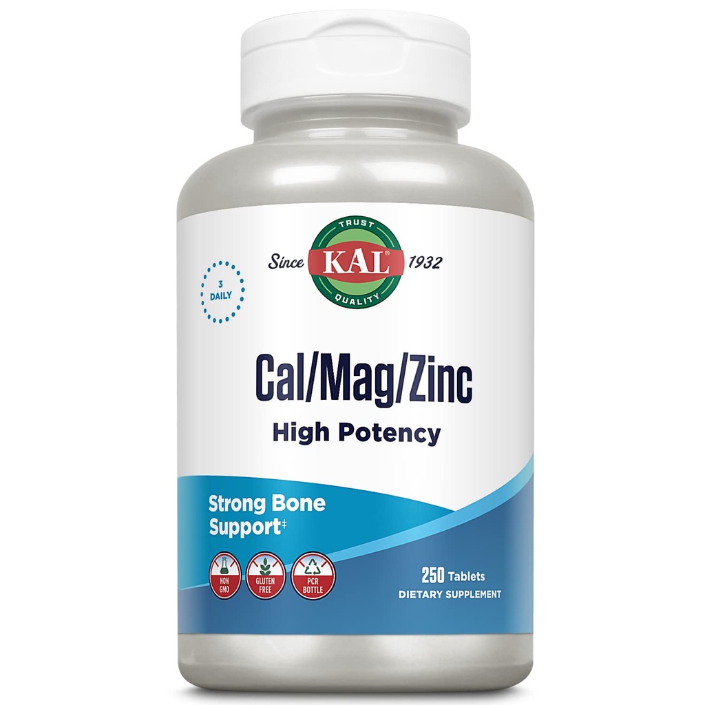 KAL Cal/Mag/Zinc → 1000mg Calcium, 400mg 镁和 15mg 锌 → Bone, 肌肉,心脏和免疫支持 → 250ct, 83 Serv.