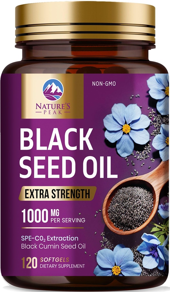 黑籽油1000mg - Premium Extra Strige Nigella Sativa 黑籽油 - 黑籽油皮,消化健康与免疫支持 - 非GMO抗氧化剂,Gluten免费补充 - 120软胶