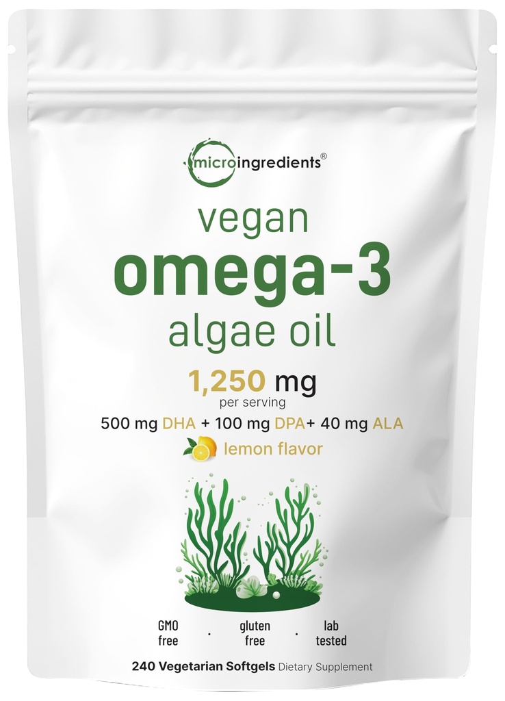 Vegan Omega 3 Algae Oil, 240 Veggie Softgels |鱼油替代品 DHA 500mg & DPA 100mg |卡拉吉安自由 |植物基 Omega 3 与 Flaxseed & ALA | Lemon Flawared
