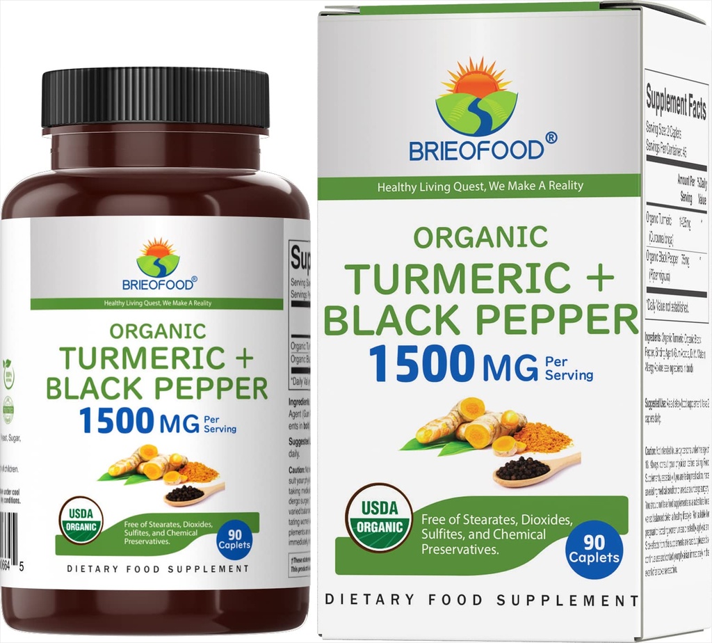 Brieofood 有机涡轮装有黑椒1500mg,45个服务型,蔬菜型,Gluten Free型,90个蔬菜片