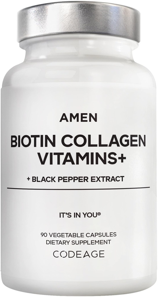 阿门·比奥廷·科拉根维生素+10 000毫升的生物素补充剂 - 水解Colagen,维生素C & E, Folate, Hyaluronic Acid, Keratin, MSM, Saw Palmetto - 3-Month 供应 - 非GMO - 90 Capsules