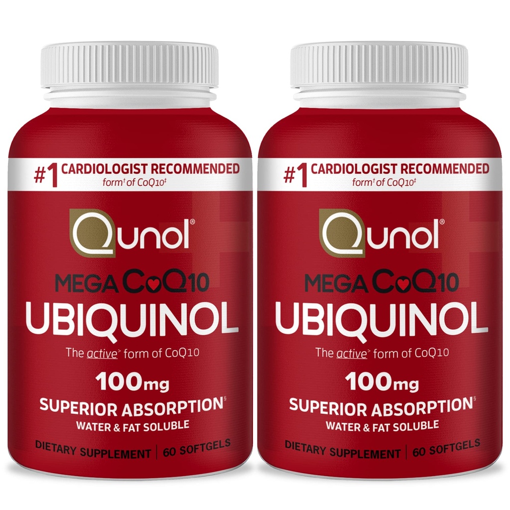 Qunol Mega Ubiquinol Coq10 100mg,高级吸收、专利水和脂肪可溶性天然补充形式Coenzyme Q10,抗氧化剂促进心脏健康,60软胶,包装2