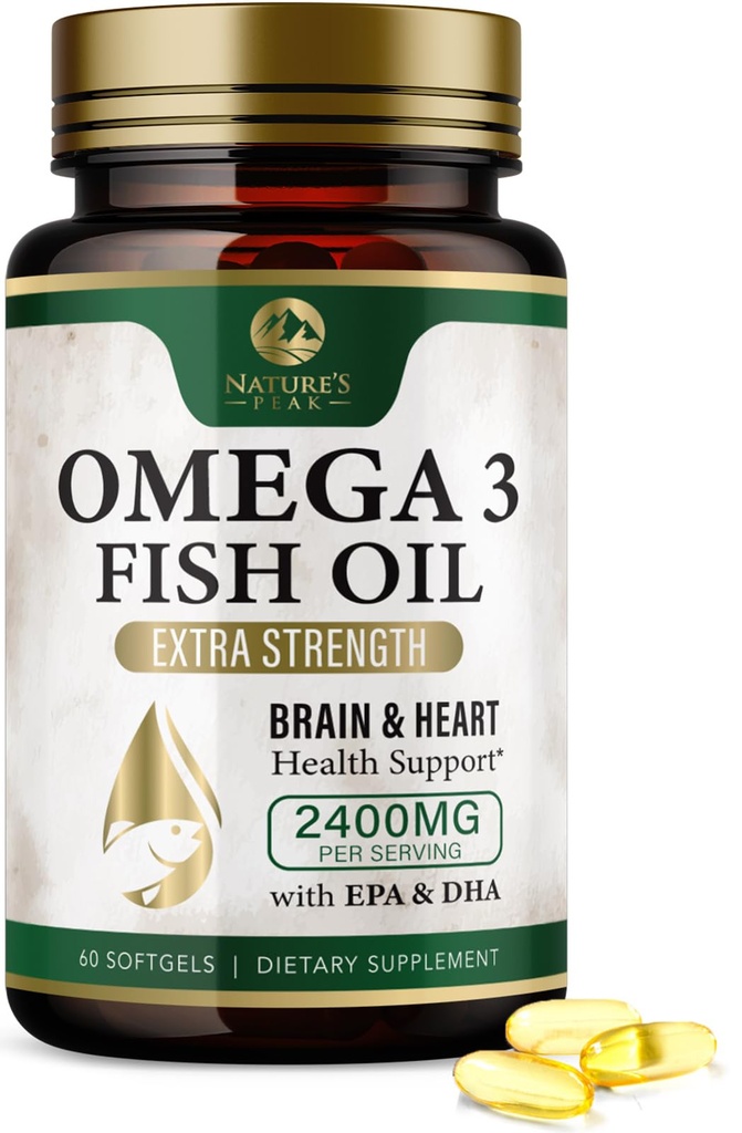 Omega 3 鱼油药 2400mg - 三重力量 Omega 3 鱼油补充剂 - 大脑和心脏健康支持的最佳EPA & DHA脂肪酸,自然Omega3 补充剂 30日供应 - 60 Softgels