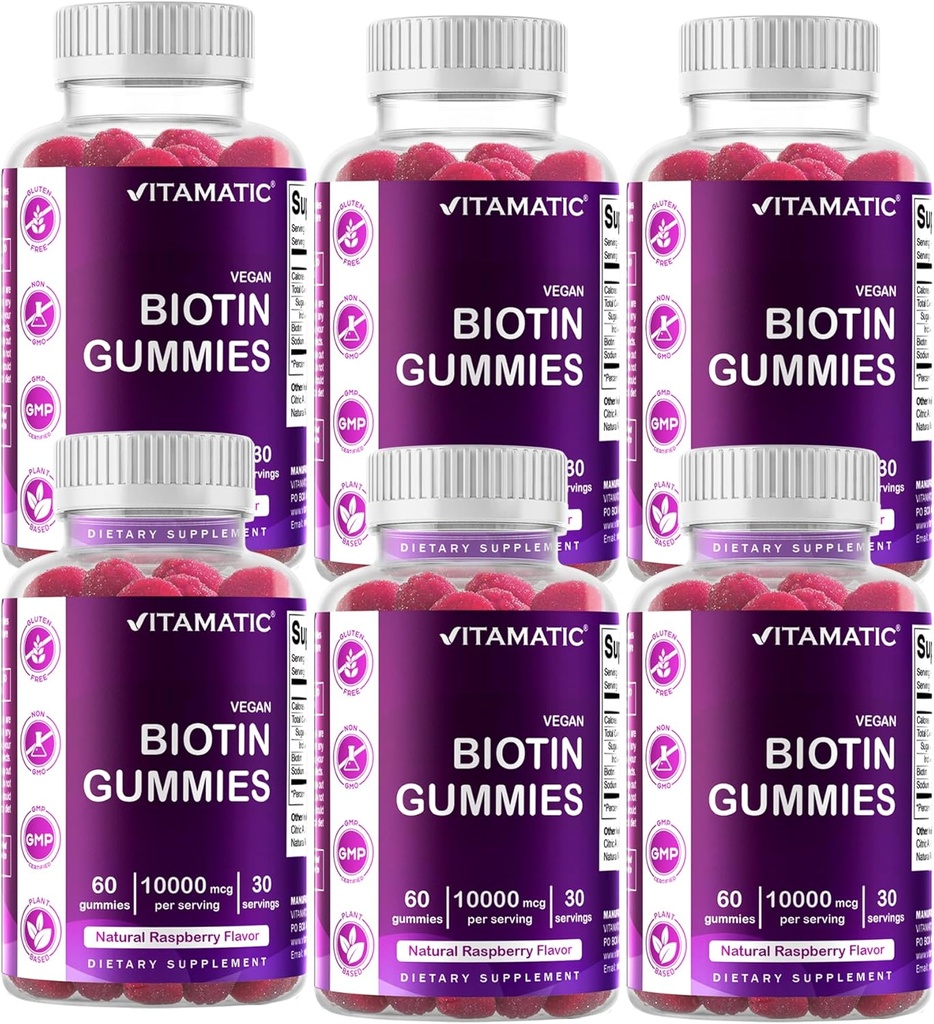 更强的头发、皮肤和钉子的维生素生物素 10 000 mcg - 60 Vegan Gummys - 又称为维生素 B7(6瓶)