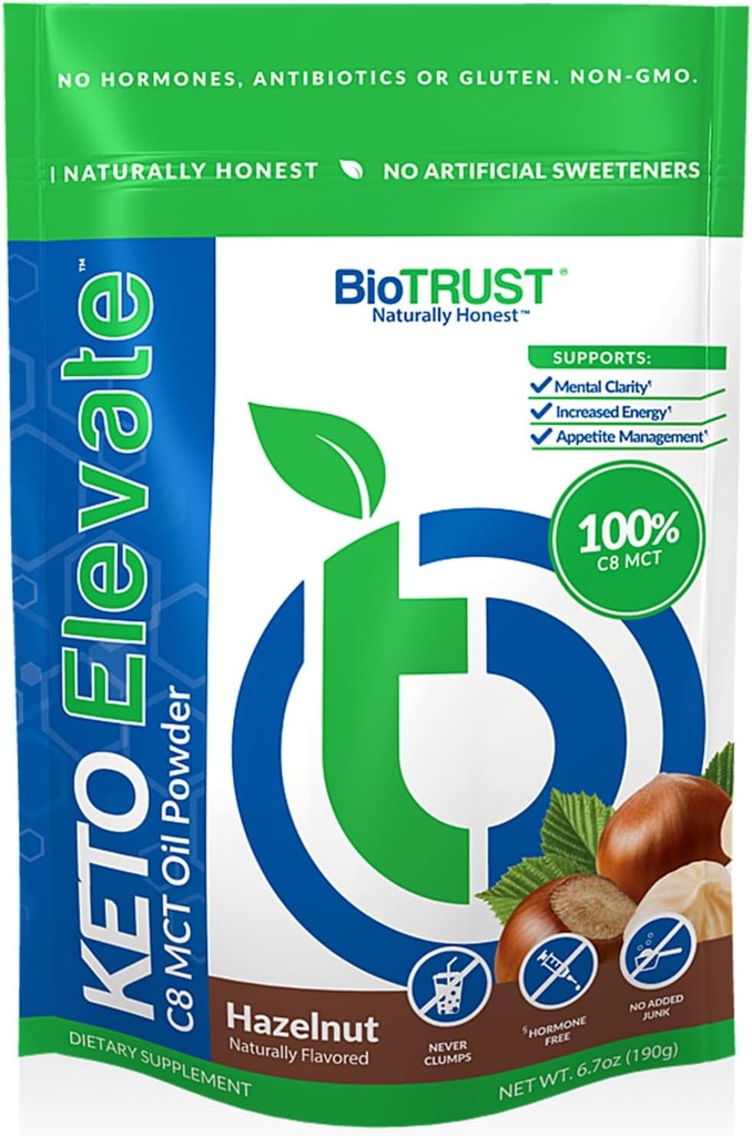 BioTrust Keto Elevate – C8 MCT 油粉 – Ketogenic MCT Coffee Creamer, Keto Coffee Creamer – 清洁能源,精神焦点和清晰度 – 100% Caprylic Acid MCT 粉,非GMO(哈泽尔努特,20种服务)