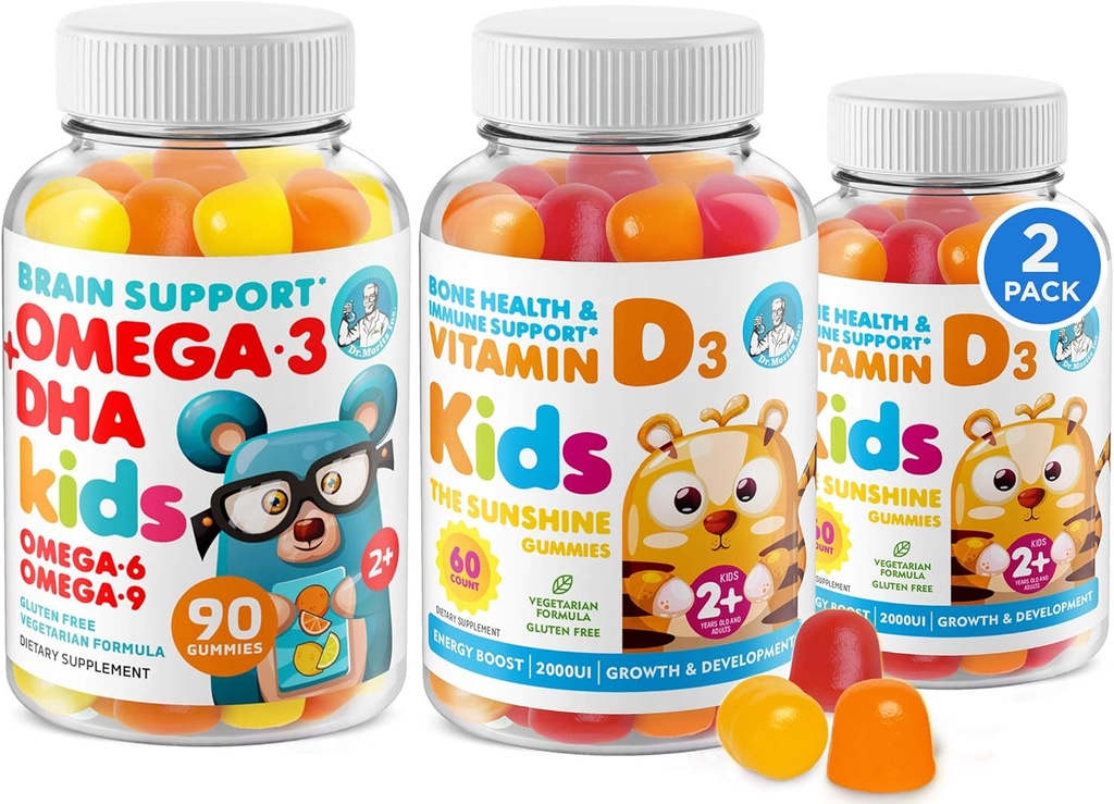Omega 3 DHA Gummys 儿童与成人维生素D Gummys - 无鱼油和Gluten 免费免疫卫生厂,基于纤维