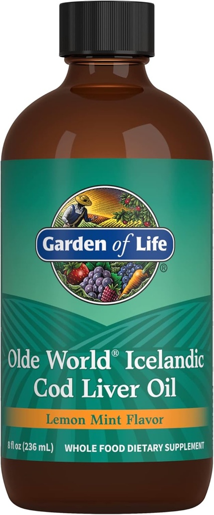 生活花园 Olde World 冰岛鳕鱼肝油液 - Lemon Mint Flavor - 1000mg Omega 3 鱼油,脂肪酸,环保局,DHA,维生素D & A,CLO 赫斯健康补充剂,47种服务