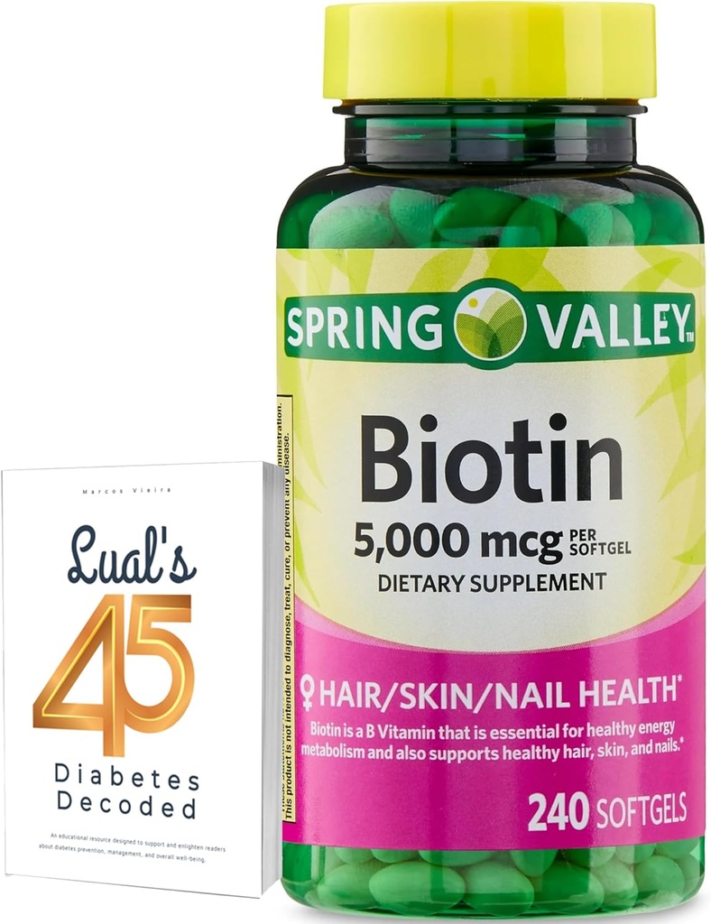 春谷Biotin 5000 mcg 240 计数,"毛皮钉"的饮食补充,"毛发维生素" "女人的毛发丢失" "Lual's 45 糖尿病解码"