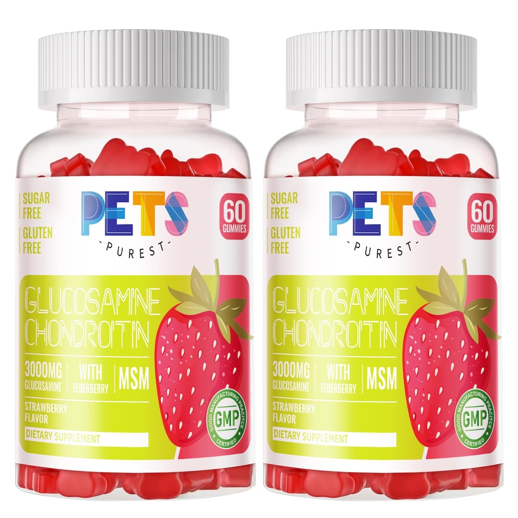 Pets Purest Glucosamine Chondroitin Gummys 配有 MSM 和 Elderberry 额外力量——联合支持,成人、男子和妇女抗氧化剂免疫辅助剂。 (2包)草莓