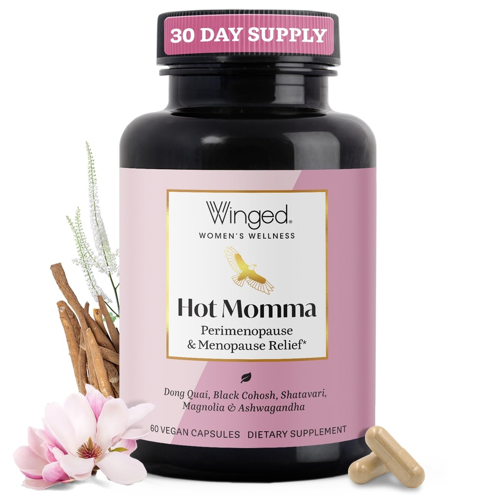 Winged Wellness Hot Momma Menopause 女性补充品 - Hormone-Free Menopause 对热闪光和夜汗的救济支持 与香草树莓,多维塔明斯 & More - 60 Vegan Capsules