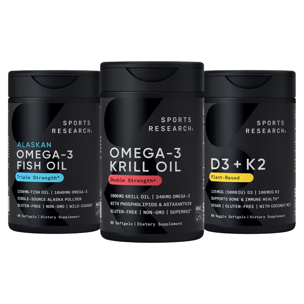 运动研究 南极磷脂油 Omega 3 1000 mg(双强) 配磷脂, Choline & Astaxanthin, 三强 Omega 3 鱼油单源 野生阿拉斯加 Pollock 1250 mg,维生素 D3 K2